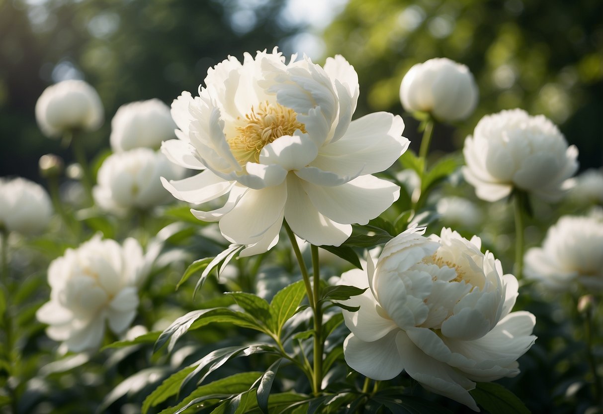 A serene all-white peony garden blooms under the soft sunlight, with delicate petals unfurling gracefully amidst lush green foliage