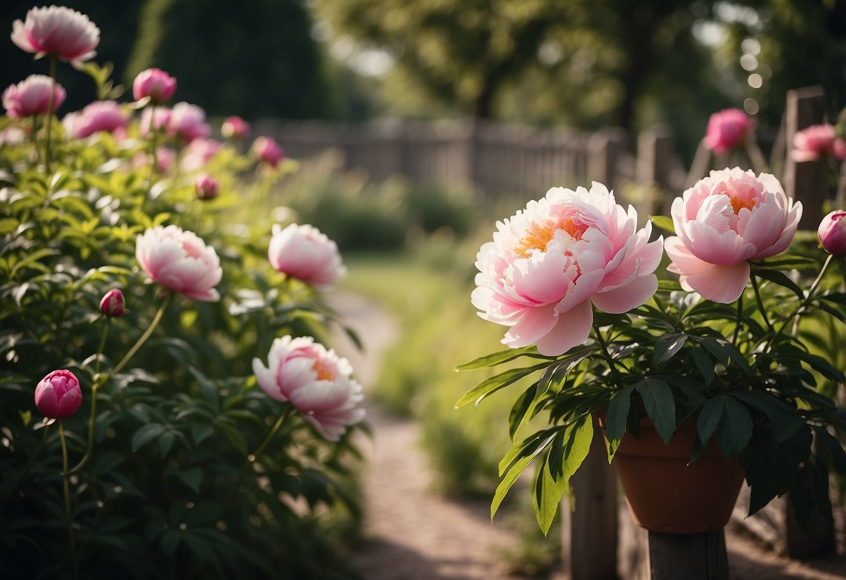 A lush peony garden with vibrant blooms and winding paths, surrounded by a rustic fence and old-fashioned garden accessories