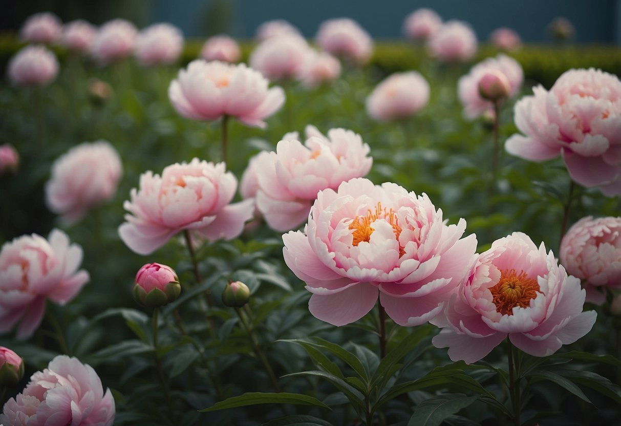 A serene peony garden with clean lines and simple design, featuring a symmetrical layout with modern minimalist elements