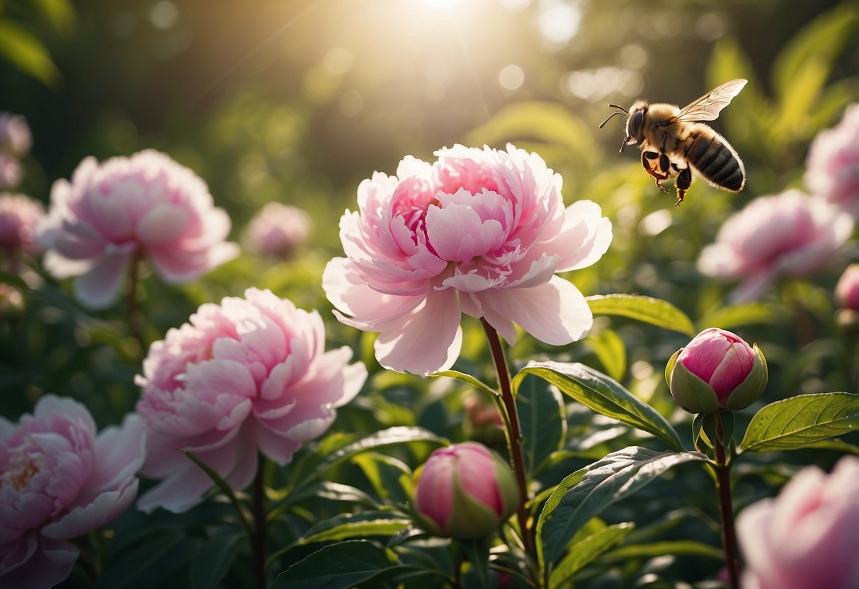 Lush peony garden in full bloom, vibrant colors, bees buzzing, sun shining, surrounded by green foliage