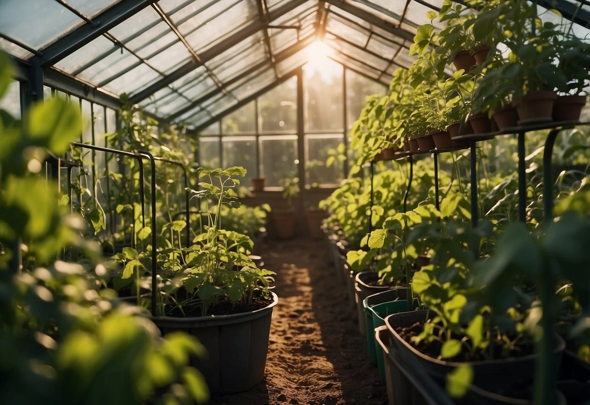 A small greenhouse sits in a lush garden, filled with rows of vibrant green pea plants climbing up trellises. The sun shines down, casting dappled shadows on the rich soil