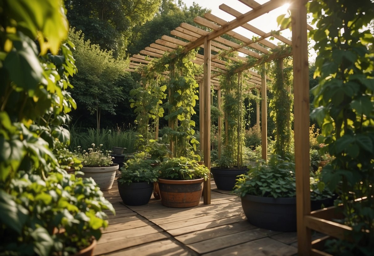 A garden with DIY trellis structures supporting pepper plants in various stages of growth. Green vines climb the wooden frames, creating a lush and vibrant display