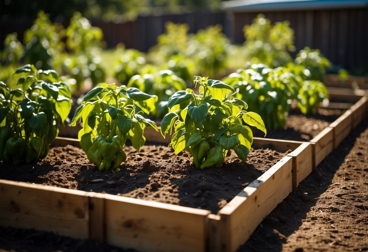 A sunny backyard with neatly arranged raised beds, filled with vibrant green pepper plants of various sizes and colors, surrounded by mulch pathways and a rustic wooden trellis for climbing peppers