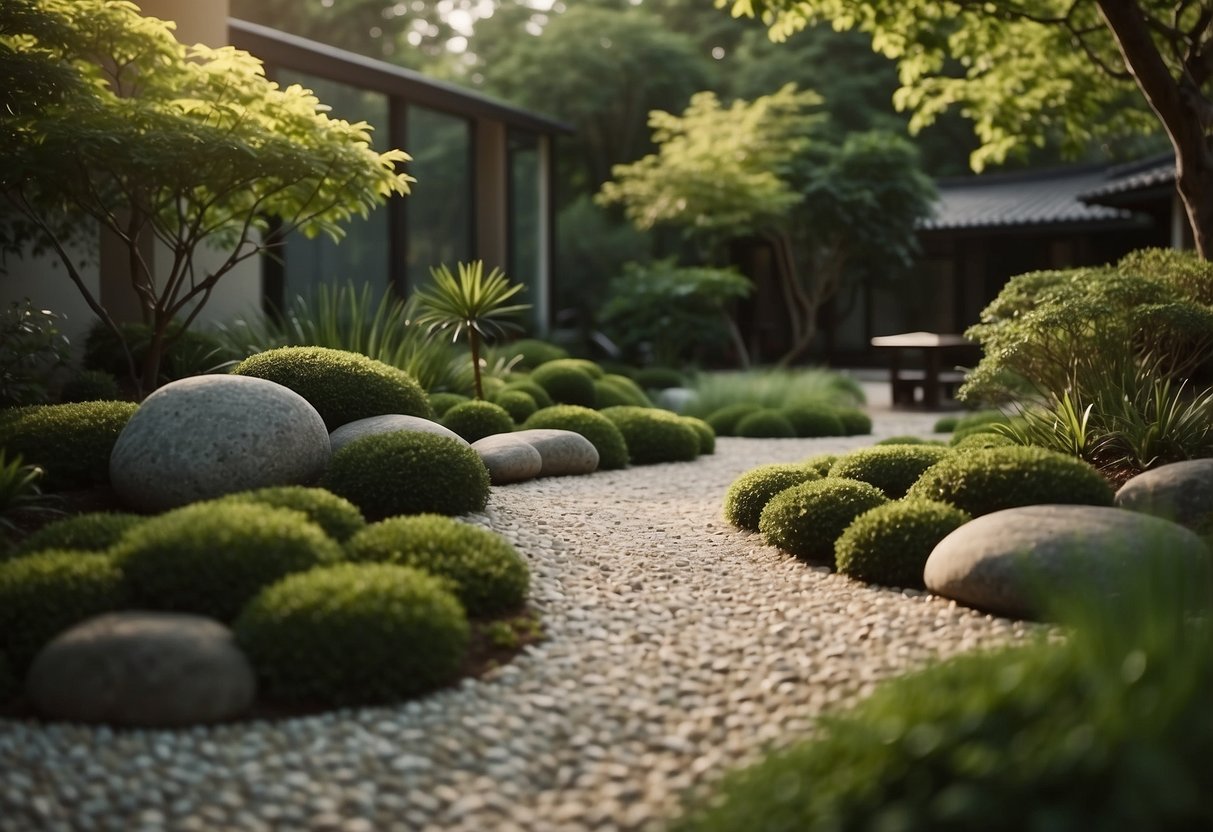 A serene Zen garden with a pea gravel path winding through lush greenery and minimalist modern features