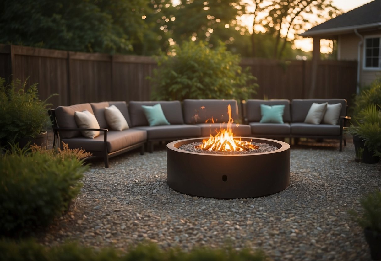 A cozy fire pit surrounded by pea gravel, with comfortable seating and soft outdoor lighting, creating a tranquil backyard retreat