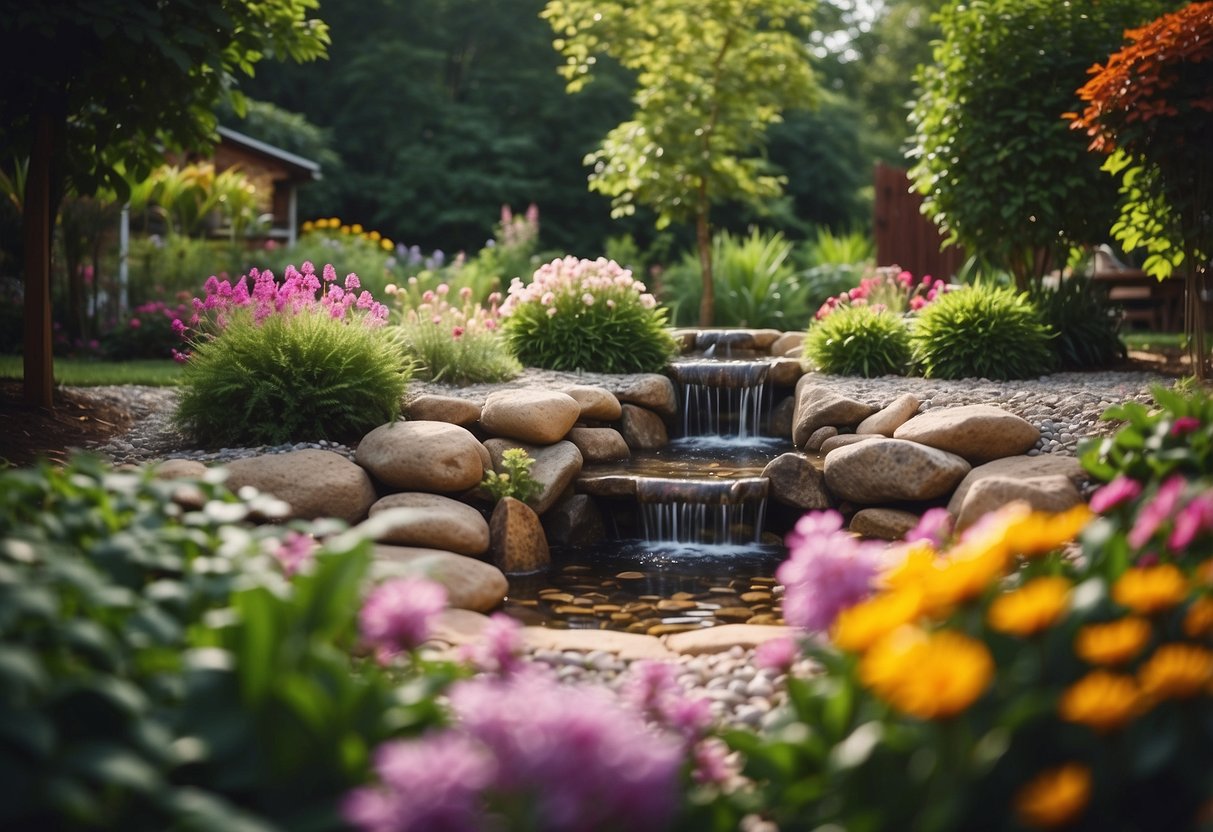 A tranquil water feature nestled in a corner of a pea gravel garden, surrounded by lush greenery and colorful flowers