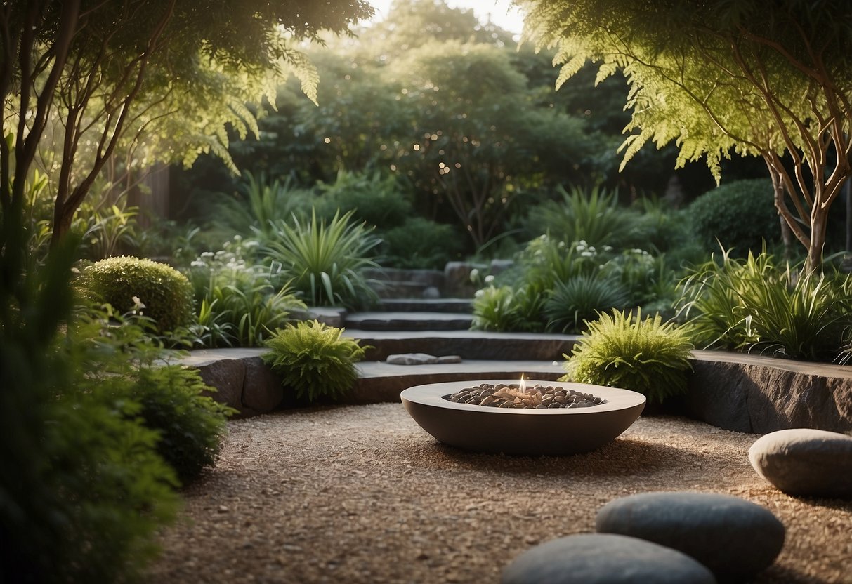 A peaceful meditation nook with a gravel garden, surrounded by lush greenery and a tranquil atmosphere