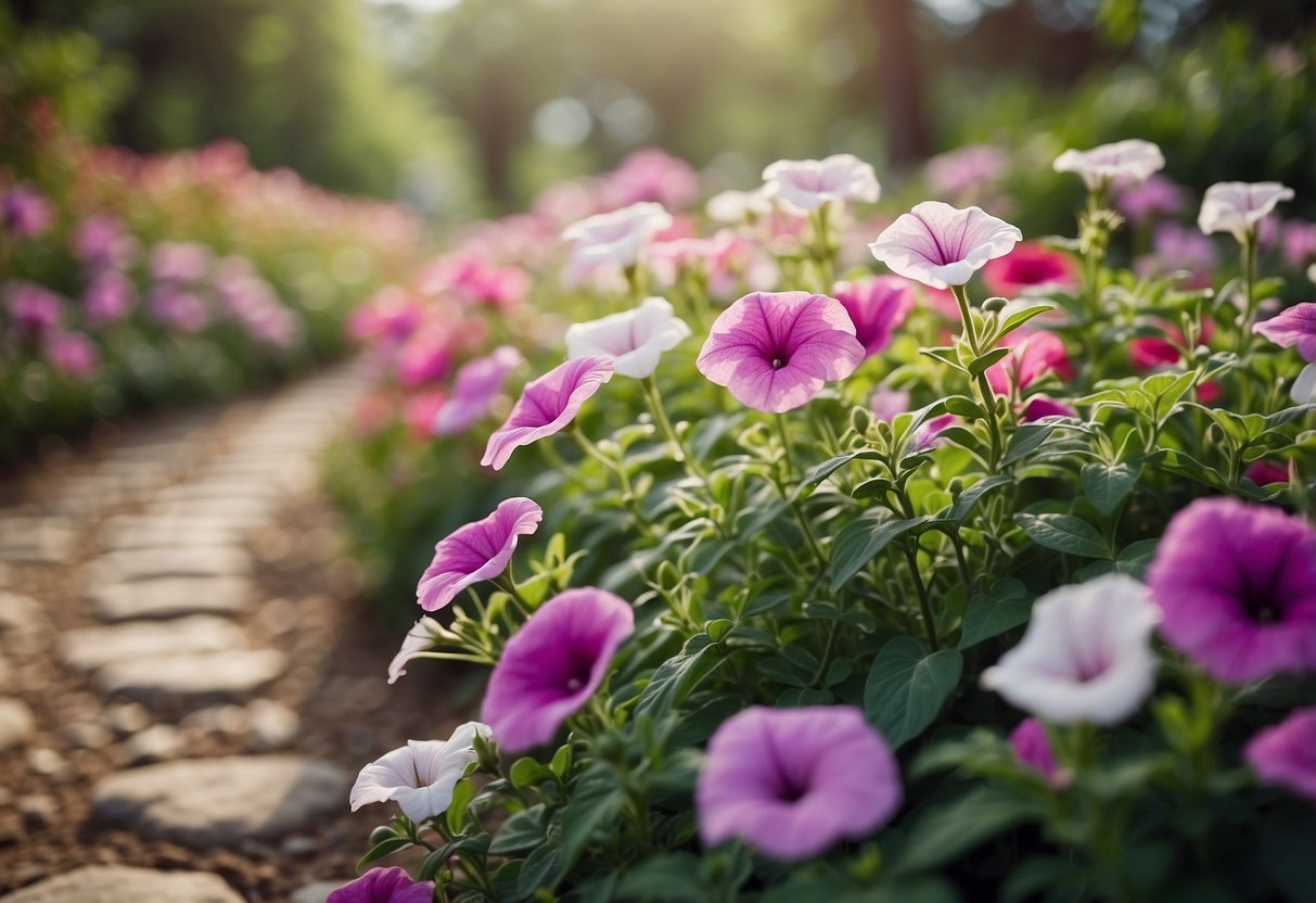 A vibrant garden of pastel petunias border a winding stone path. Lush greenery and delicate flowers create a serene atmosphere