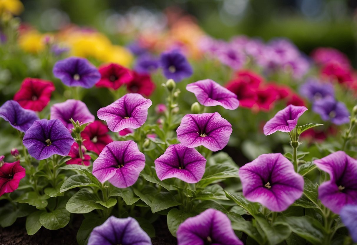 A vibrant rock garden filled with a variety of colorful petunias in full bloom, creating a stunning display of natural beauty