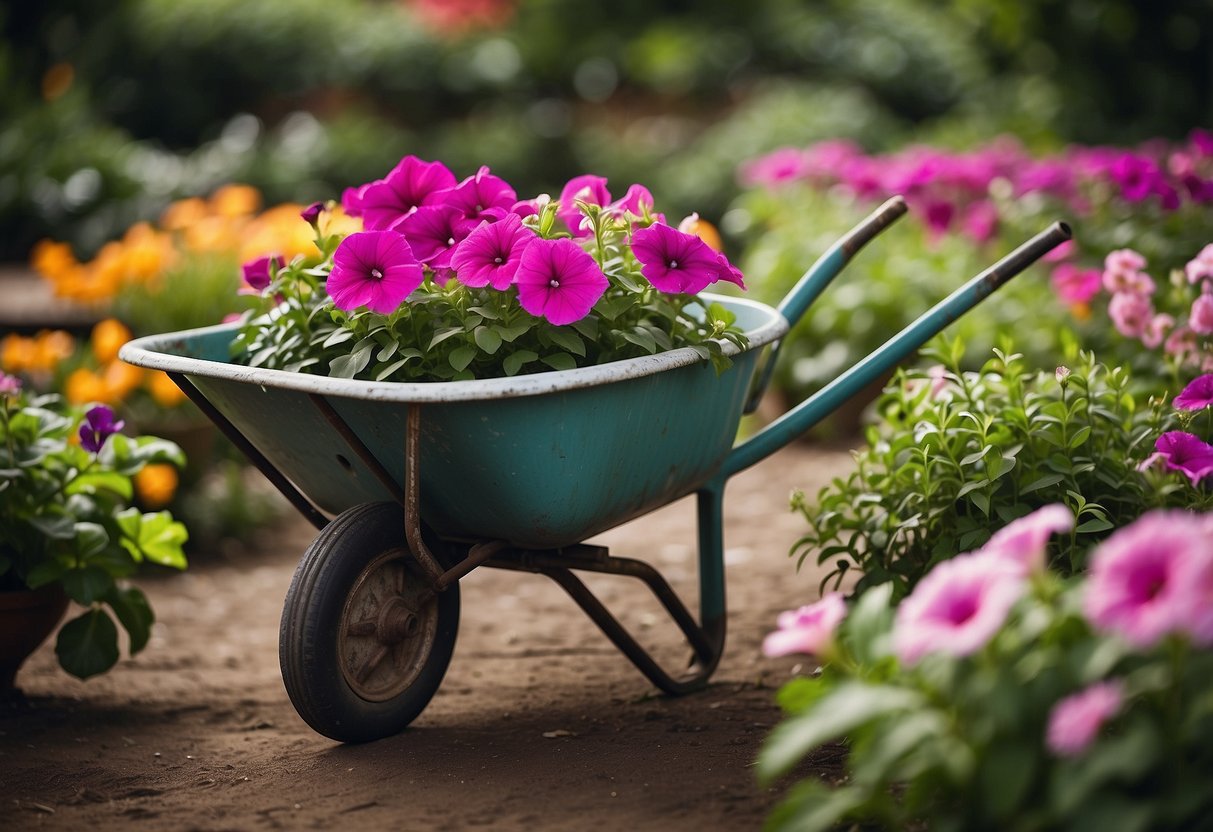 A vintage wheelbarrow overflows with vibrant petunias, nestled in a lush garden setting