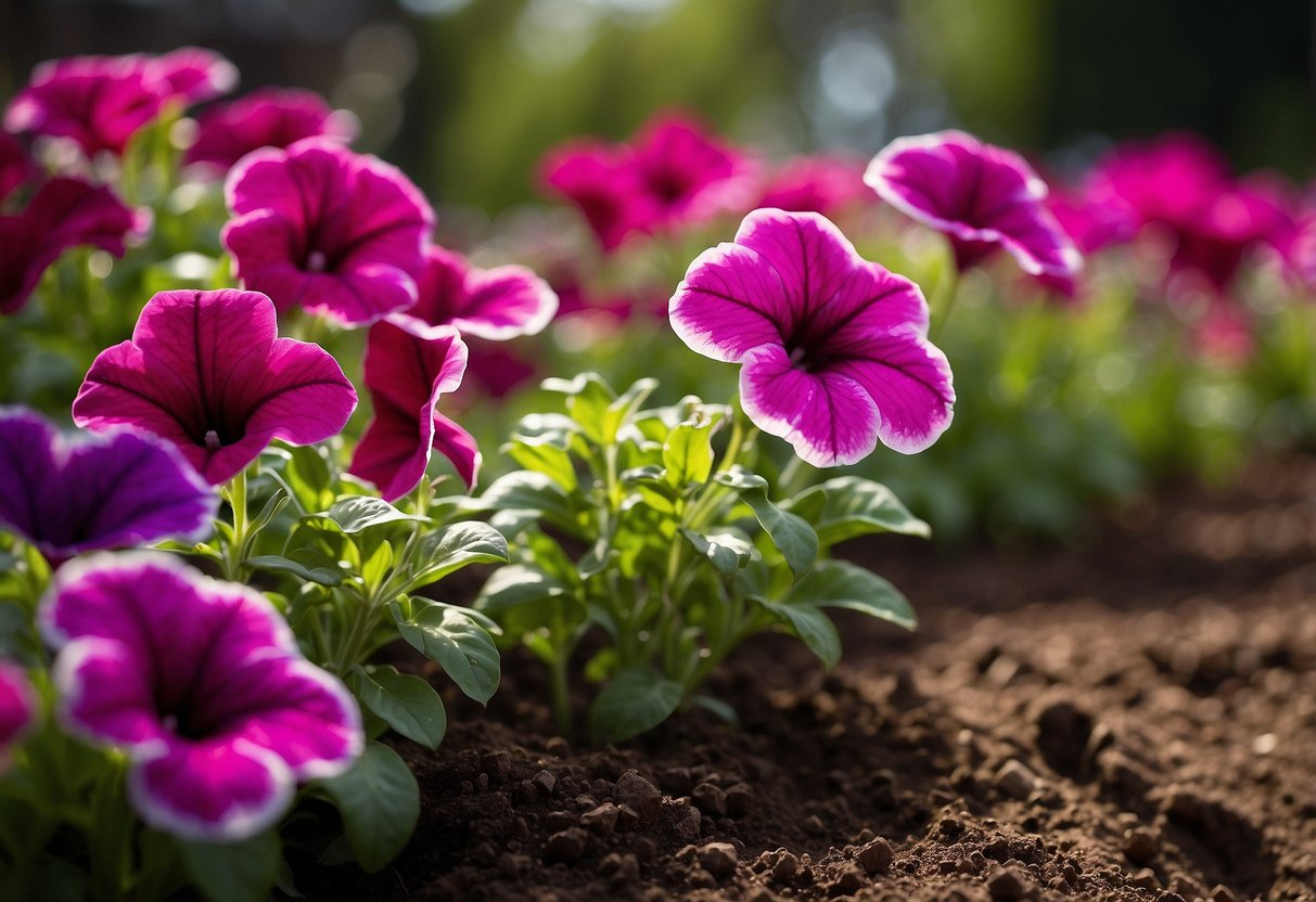 Vibrant petunias thrive in rich, well-draining soil. Show a garden bed with dark, crumbly earth and colorful petunias in full bloom