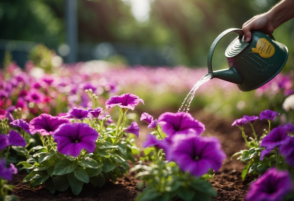 A watering can pours water onto rows of vibrant petunias in a well-maintained garden