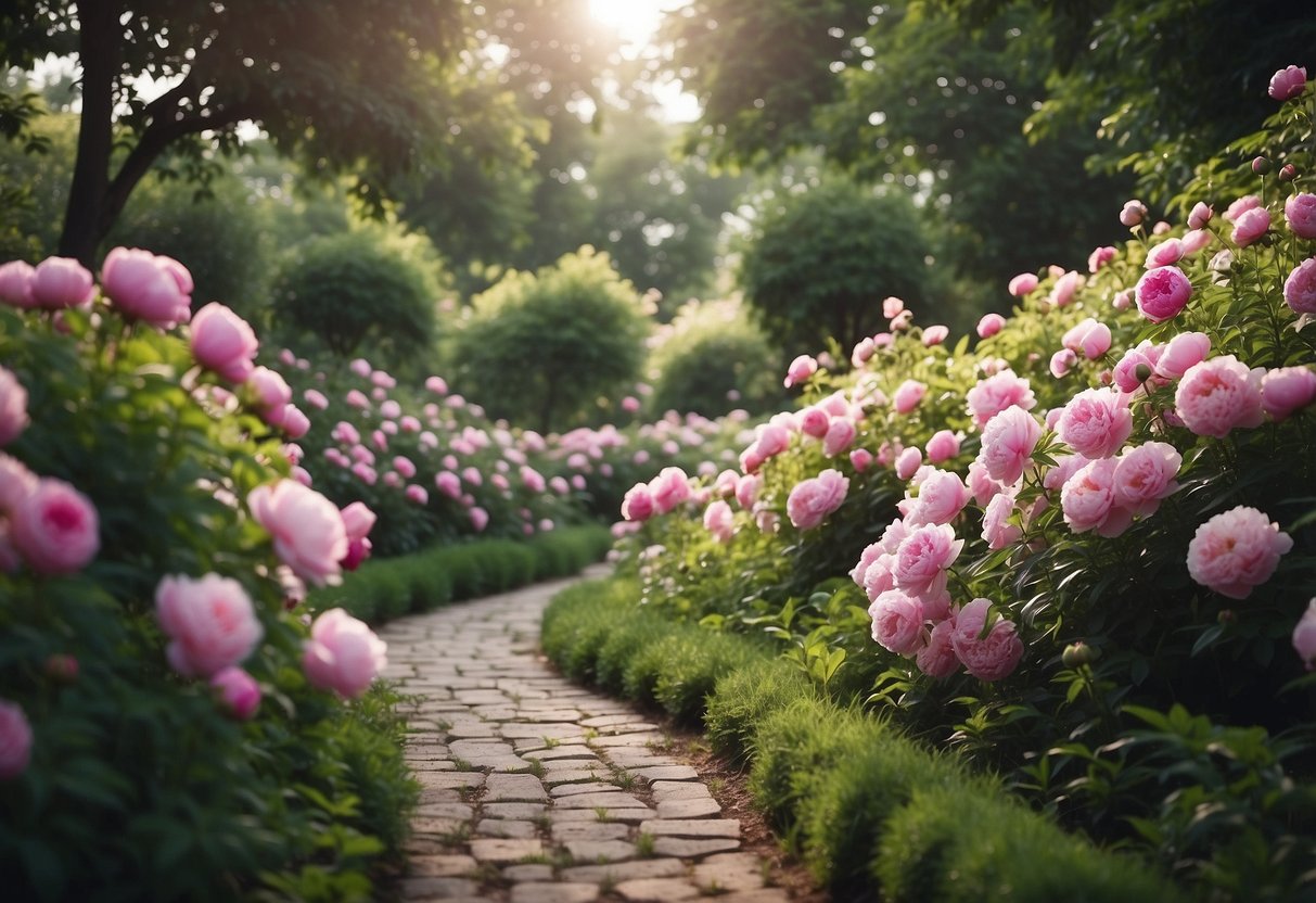 A winding path lined with vibrant pink peonies, leading through a lush garden filled with blooming pink flowers and green foliage