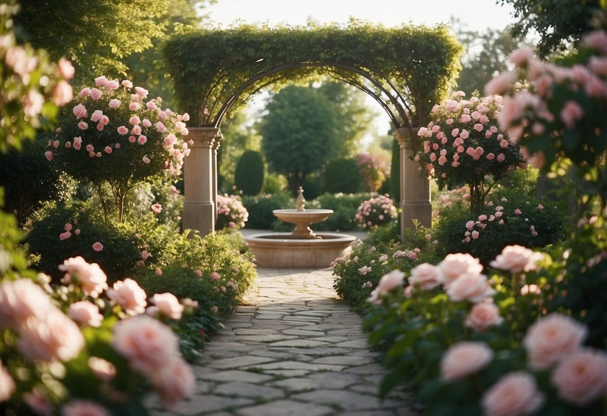 A serene garden with a rose arbor as the focal point, surrounded by pink flowers and lush greenery, creating a peaceful retreat