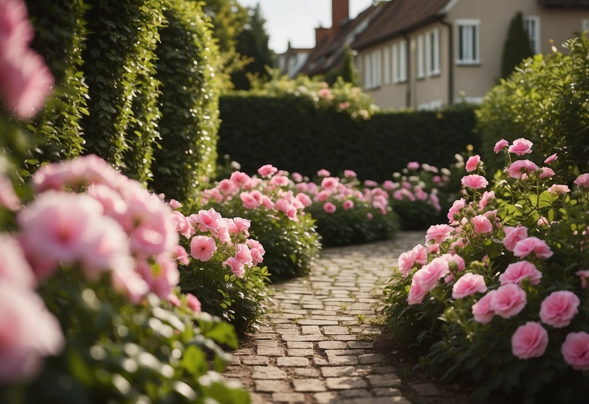 A lush garden bursting with pink petunias in various shades, surrounded by neatly trimmed hedges and a quaint pathway