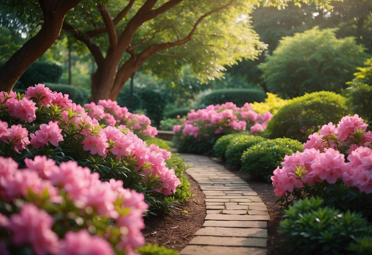 A vibrant garden filled with pink azalea bushes lining the winding pathways, surrounded by lush greenery and colorful blooms