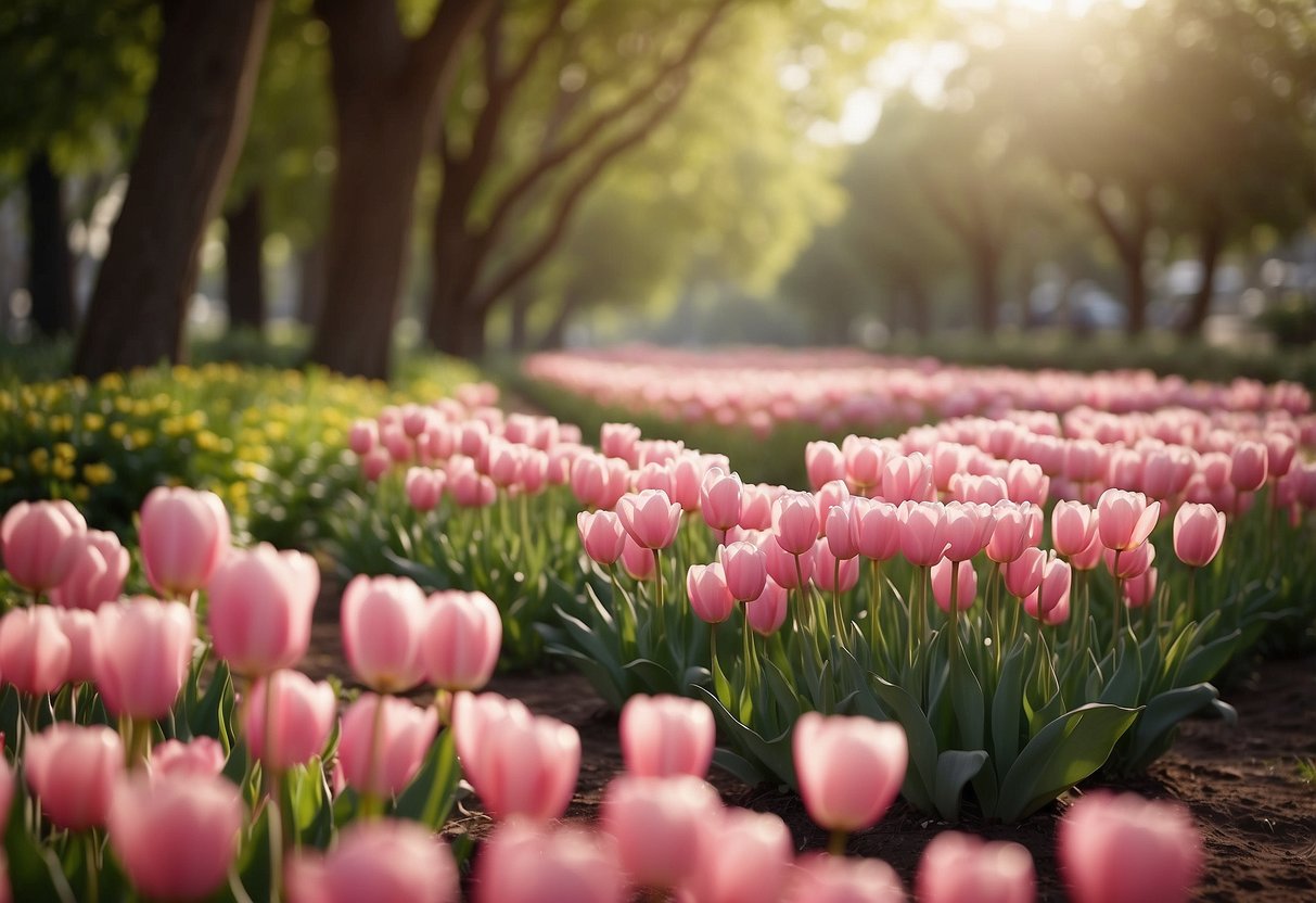 A lush garden of pink tulips in full bloom, with winding trails leading through the vibrant sea of flowers