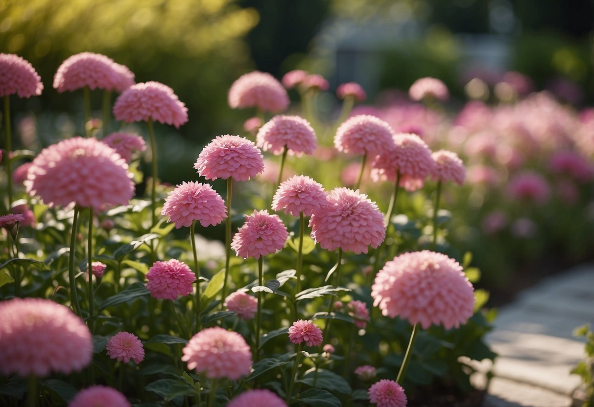 A pink garden with various shades of pink flowers and plants arranged in a harmonious and balanced design, with focal points and pathways for a serene and visually appealing space