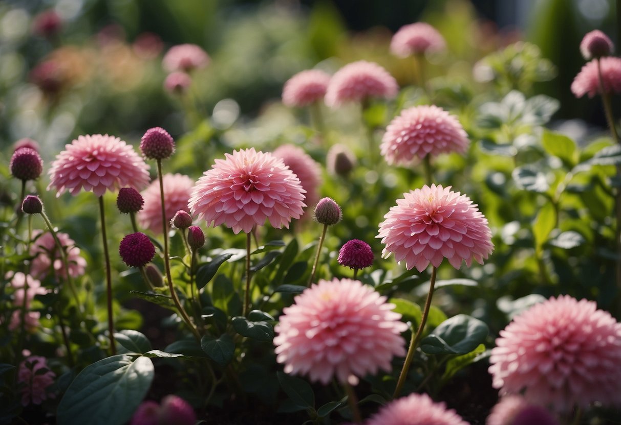 A garden bed filled with various shades of pink flowers and plants arranged in a harmonious and visually appealing manner