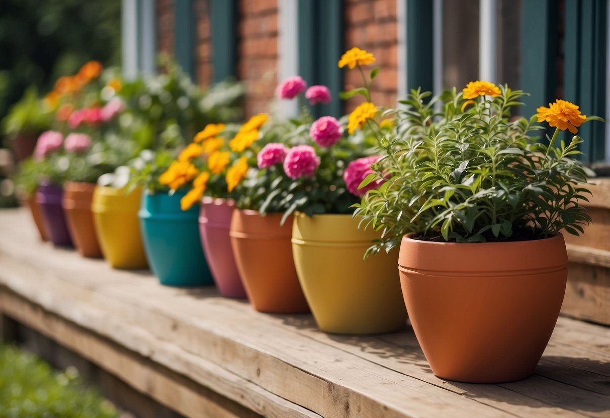 A row of terracotta pot planters line a sunny porch, bursting with vibrant greenery and colorful blooms