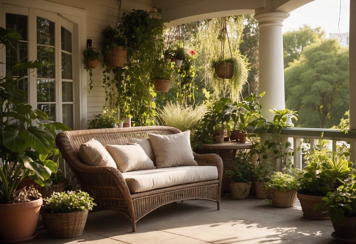 A wicker furniture set sits on a garden porch, surrounded by potted plants and hanging vines. A cozy and inviting space for relaxation and enjoyment of the outdoors