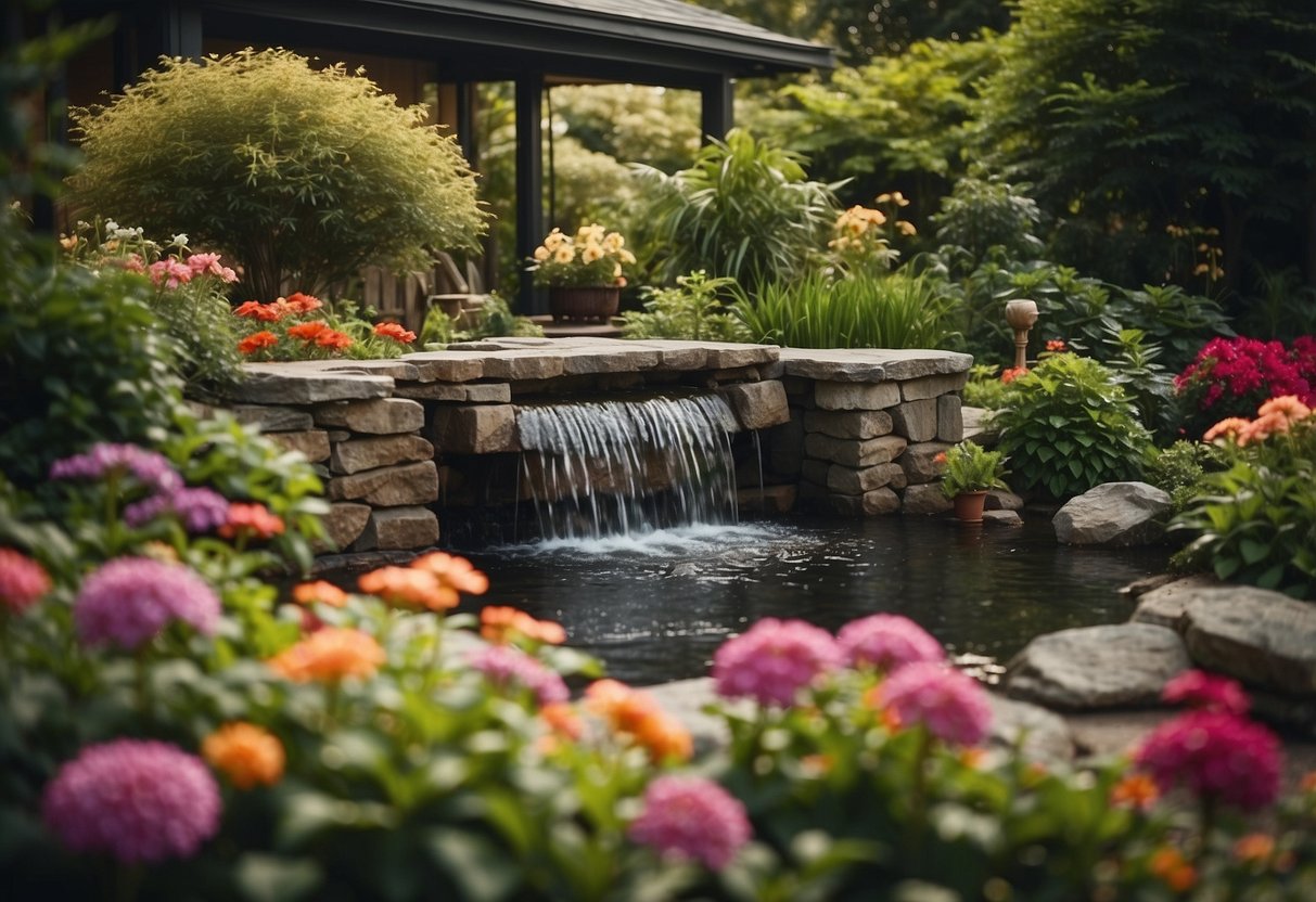 A rectangular water feature sits in a garden porch, surrounded by lush greenery and colorful flowers. The sound of trickling water creates a peaceful atmosphere