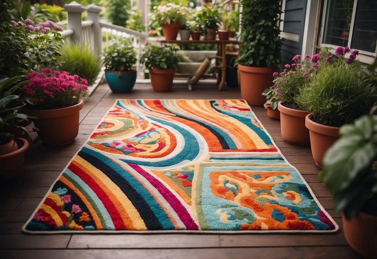 A vibrant outdoor rug lies on a garden porch, surrounded by potted plants and colorful flowers