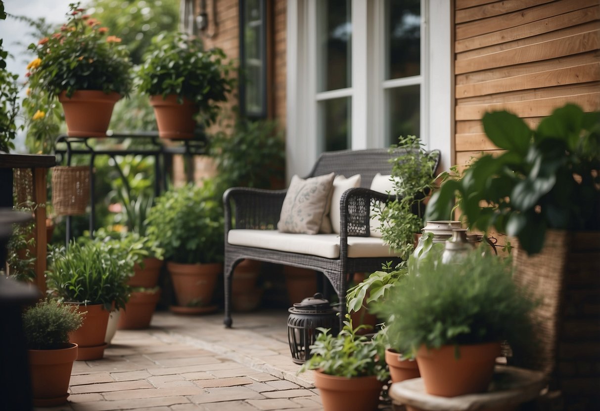 A well-kept garden porch with potted plants, cozy seating, and decorative lighting