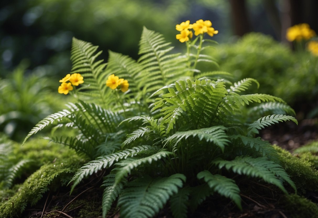 Lush green ferns intertwine with vibrant primroses, creating a textured garden oasis