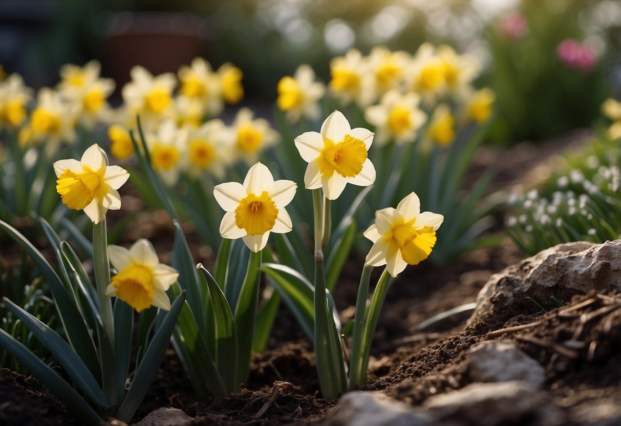 A garden bed with layers of daffodils and primroses, creating a vibrant and colorful display of spring flowers