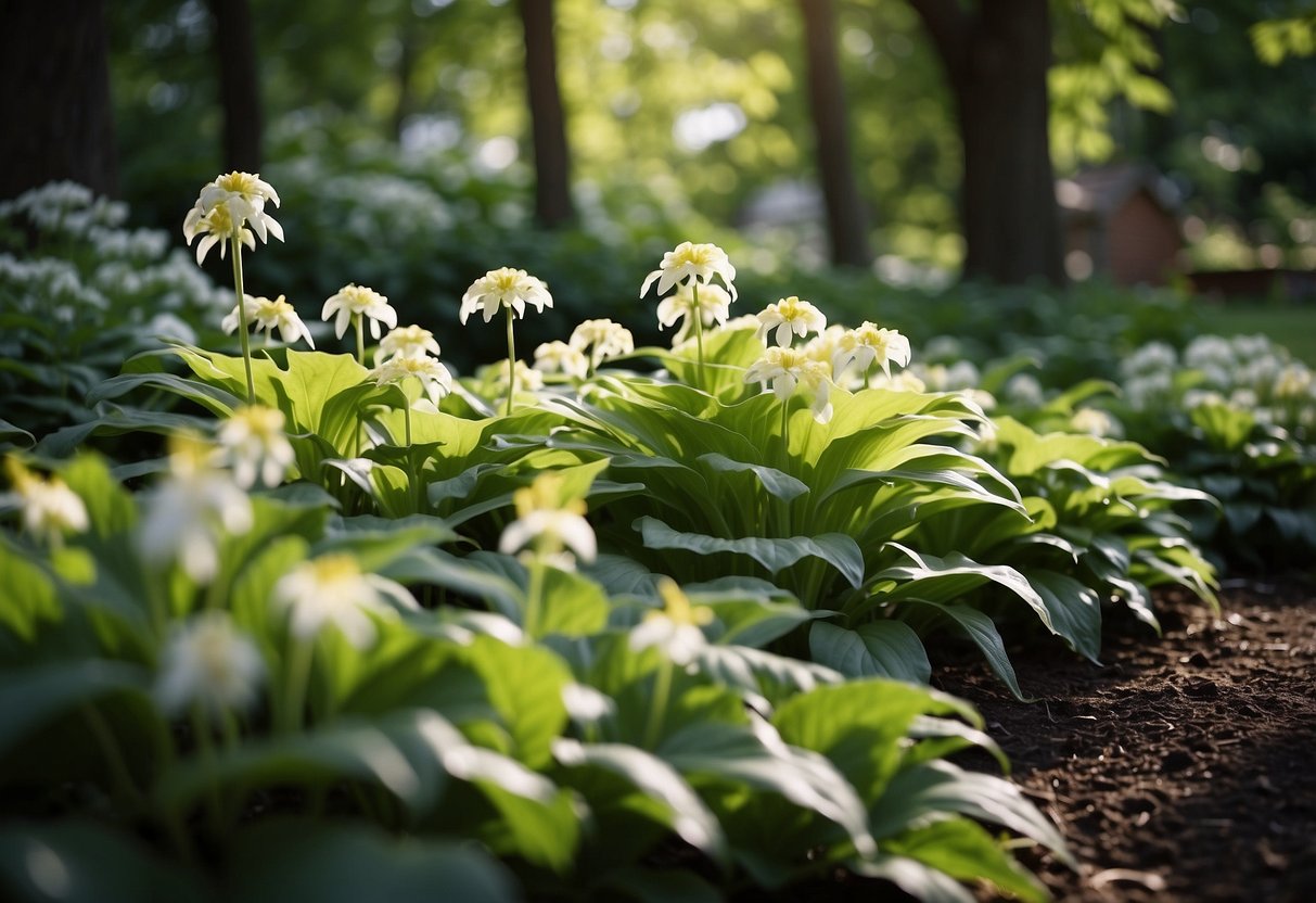 Lush hostas and primroses thrive in the dappled shade, creating a serene and vibrant garden scene