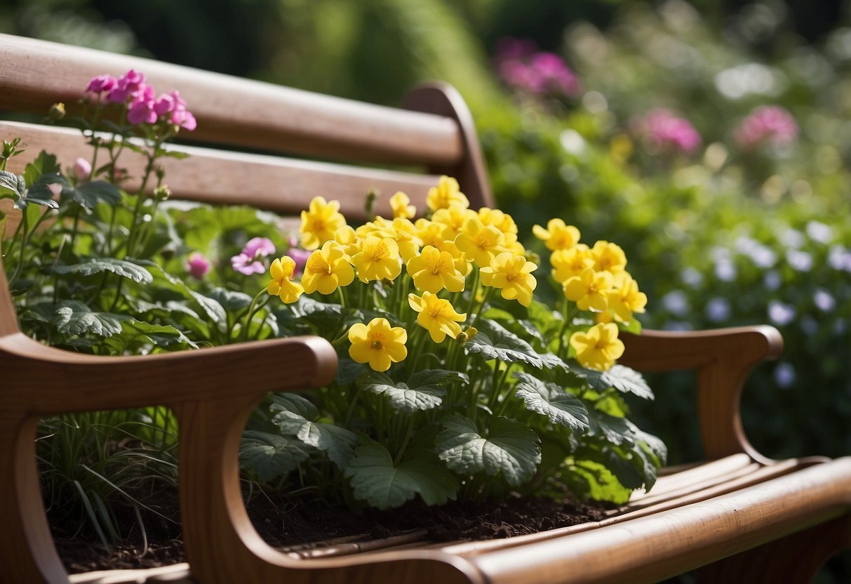 Lush greenery and vibrant primroses fill the garden, creating a peaceful and serene atmosphere. A wooden bench nestled among the flowers offers a perfect spot for relaxation and contemplation