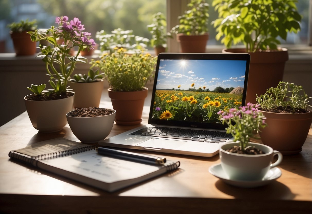 A table with a notebook, pencil, and gardening tools. Seed packets and plant catalogs spread out. A sunny window in the background