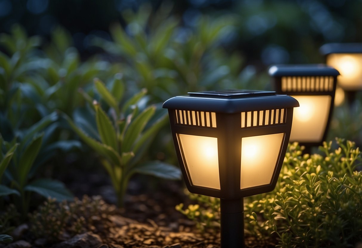 The solar garden lights illuminate the lush garden at night, casting a soft, warm glow over the plants and flowers, providing protection and creating a magical atmosphere