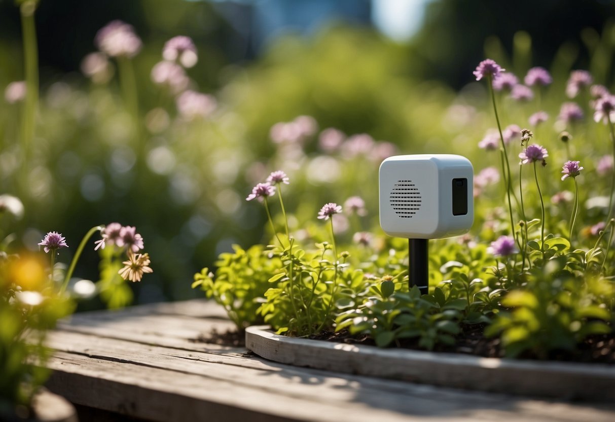 A garden with plants and flowers surrounded by an ultrasonic pest repeller emitting waves to protect the area from insects and rodents