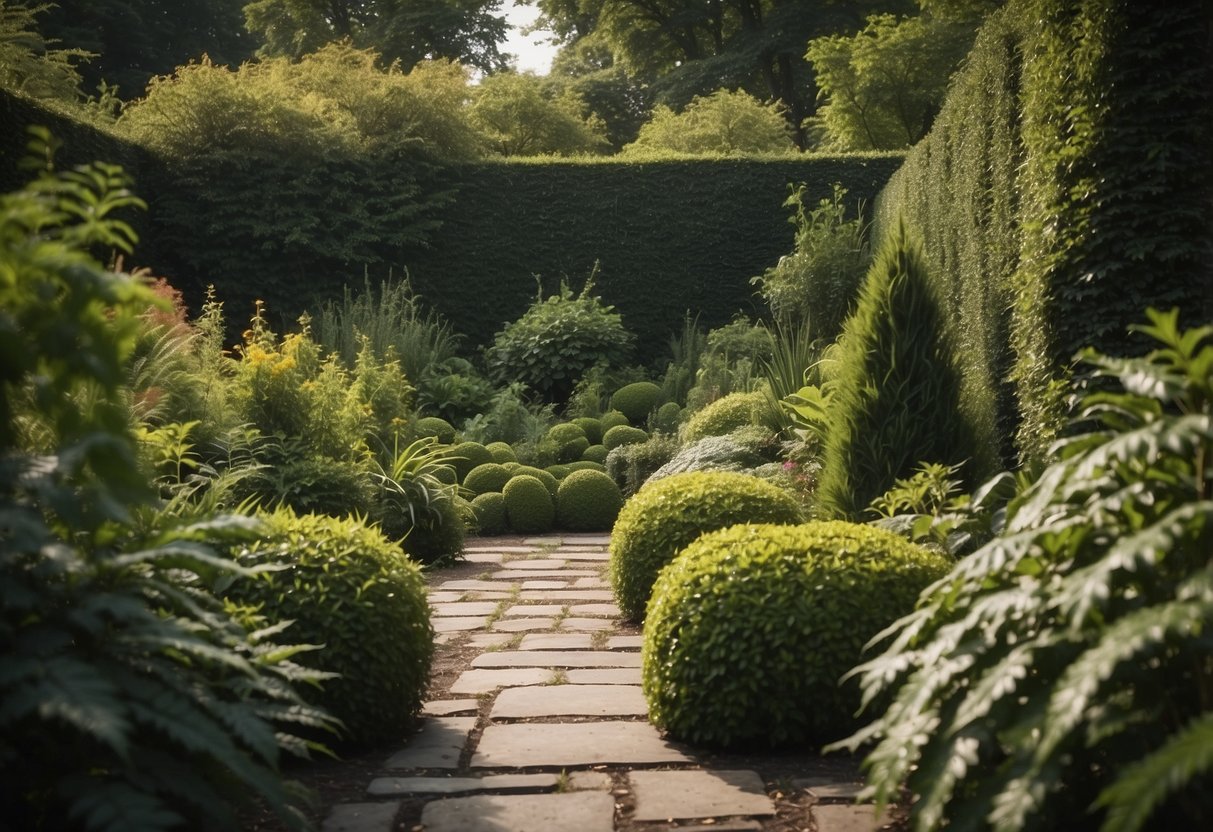 A lush garden with tall holly bushes creating privacy. Surrounding the area are various plant ideas, including ferns and flowering shrubs