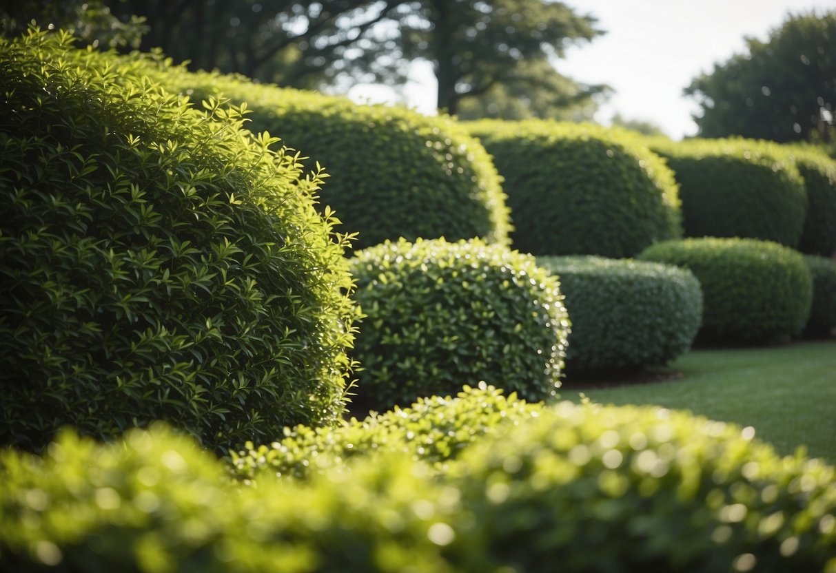 A lush privet hedge encloses a serene garden, providing privacy and tranquility. Tall, neatly trimmed shrubs create a sense of seclusion and natural beauty