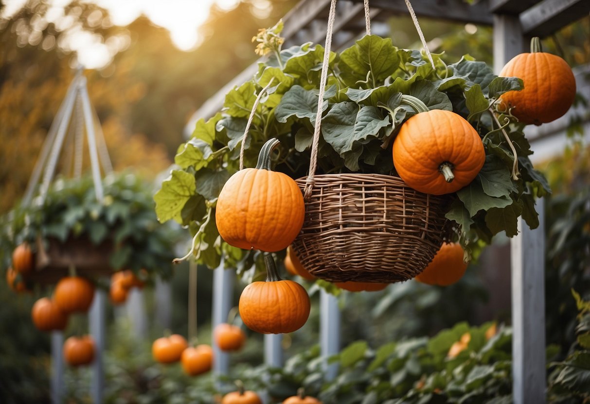 A tiered basket filled with pumpkins hangs from a garden trellis, creating a unique and eye-catching display of hanging pumpkin garden ideas