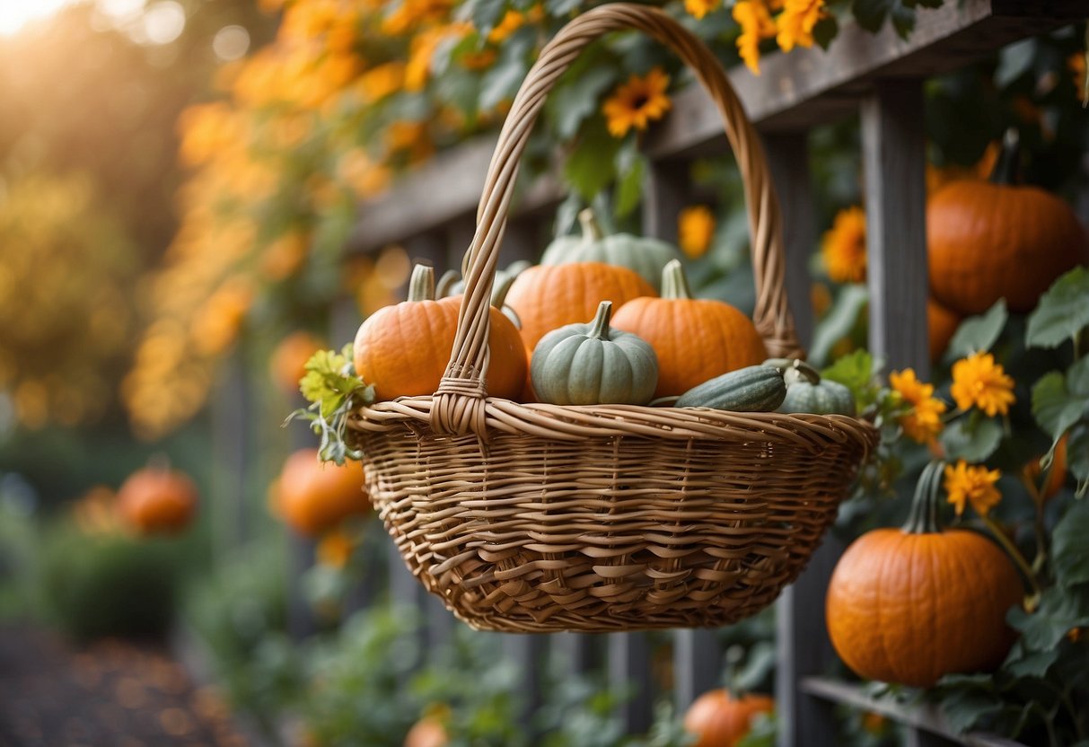 A wicker basket filled with pumpkins hangs from a garden trellis, creating a unique and charming pumpkin display