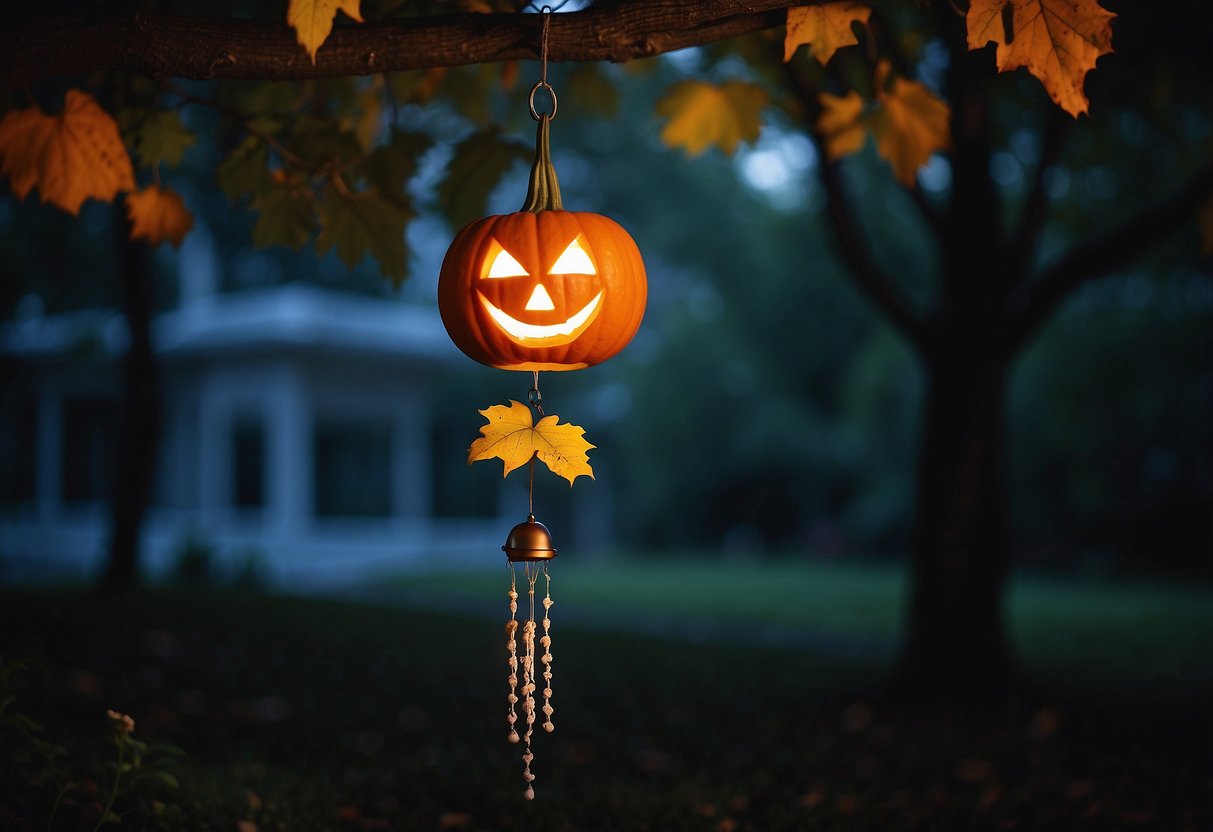 Pumpkin wind chimes sway in the breeze, casting eerie shadows in a moonlit garden