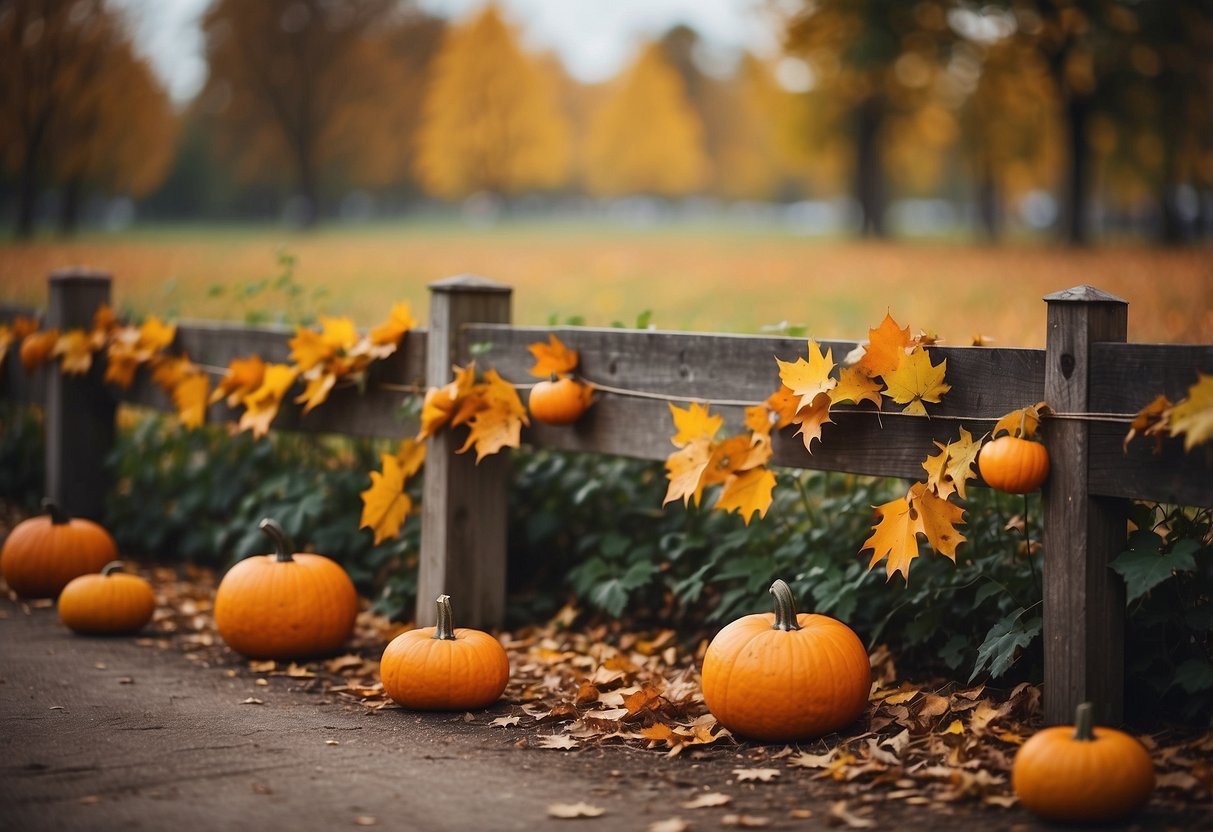 A rustic wooden fence adorned with a garland of autumn leaves and pumpkins, creating a cozy and festive atmosphere in the garden