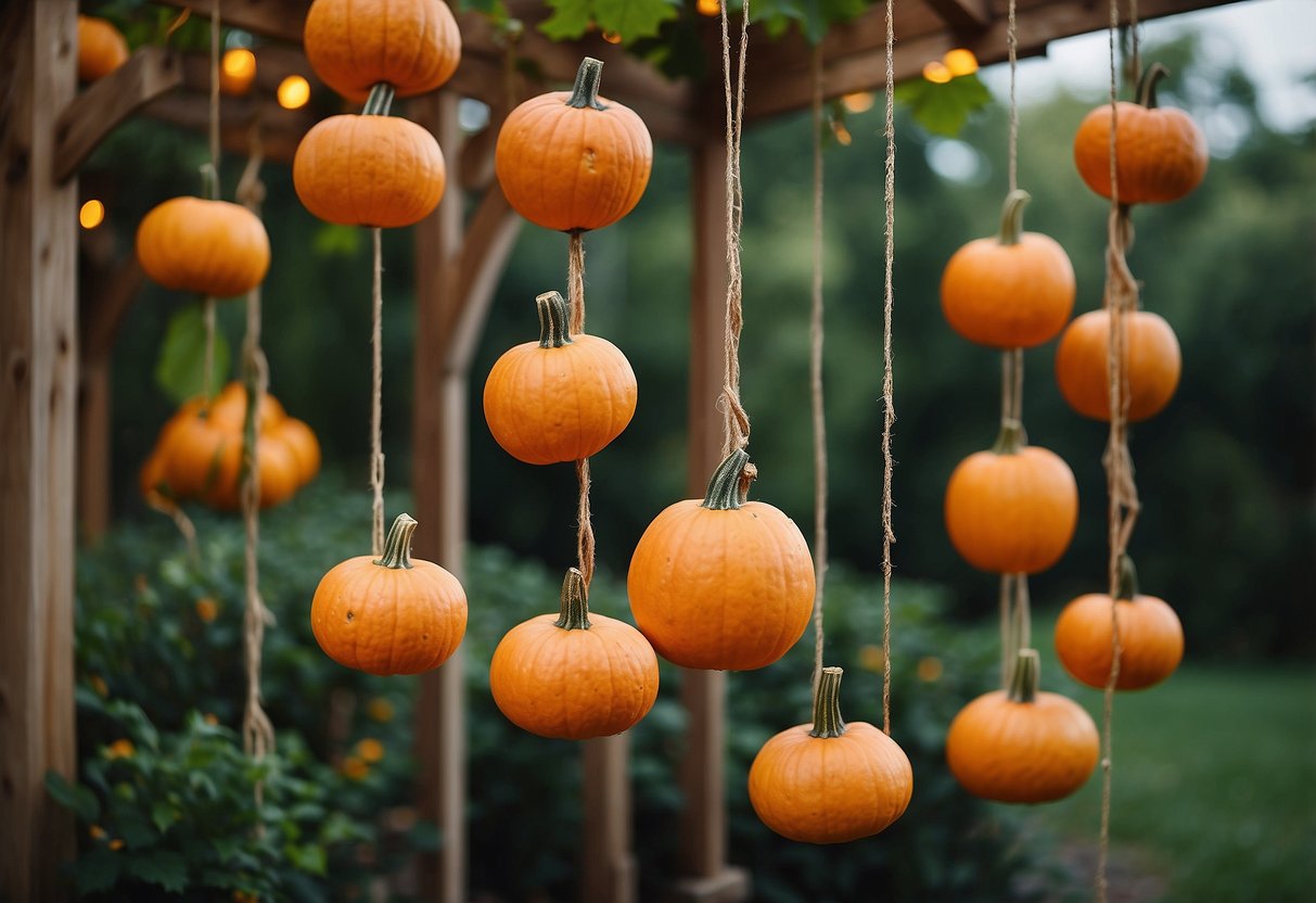 Pumpkins of various shapes and sizes hang from a wooden trellis, creating a whimsical and colorful garden display