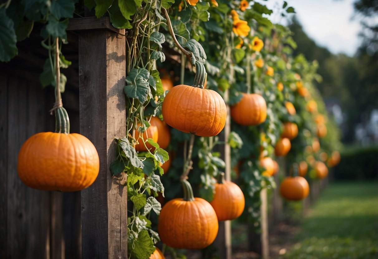 Pumpkins hang from sturdy supports in a garden, with vines winding around wooden poles. The scene is filled with vibrant orange and green colors, creating a visually striking and unique garden display