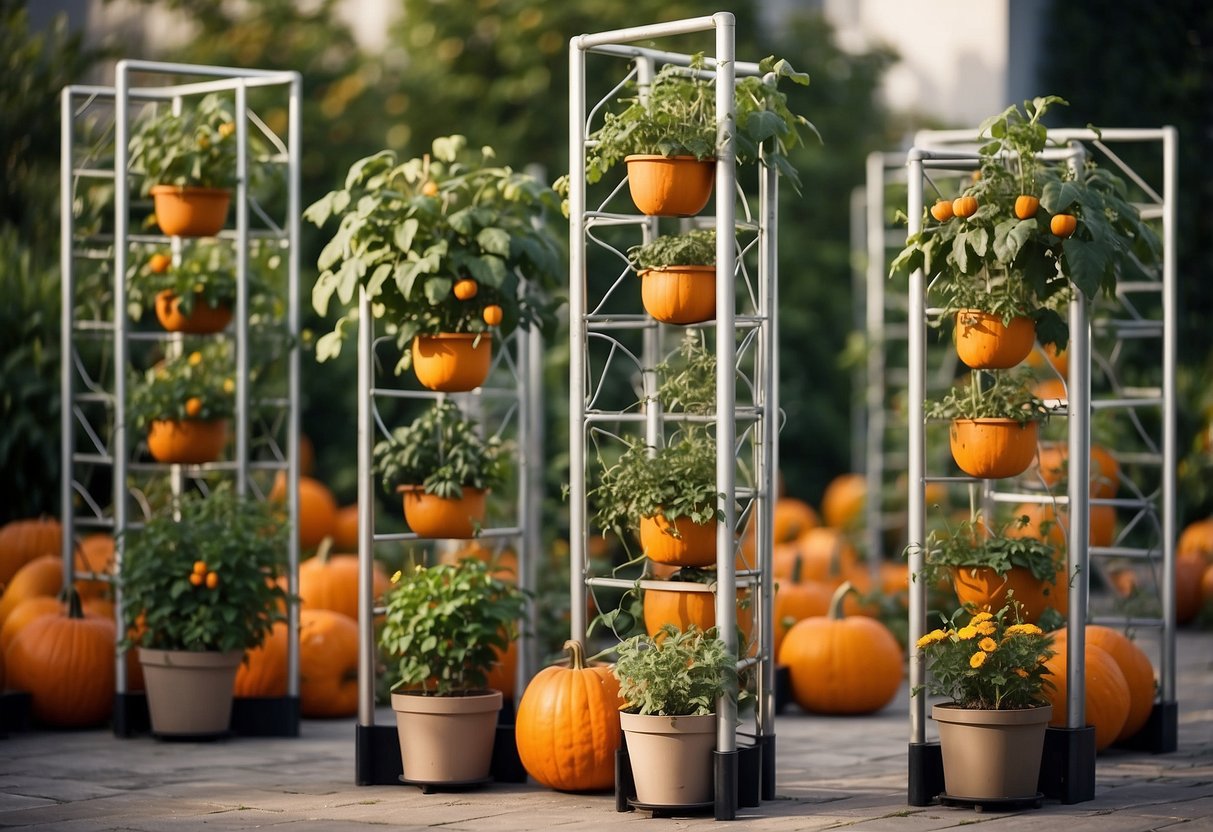 Trellis supports tall, vertical planter boxes for growing pumpkins