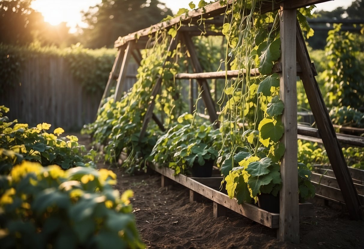 A rustic wooden A-frame garden trellis supports sprawling pumpkin vines