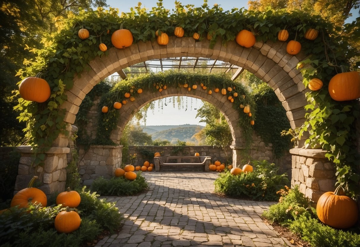 A stone archway frames a pergola garden trellis adorned with hanging pumpkins. Green vines wind around the structure, creating a whimsical and enchanting scene