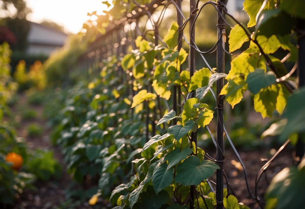 A wire trellis in a fan shape supports sprawling pumpkin vines in a garden setting