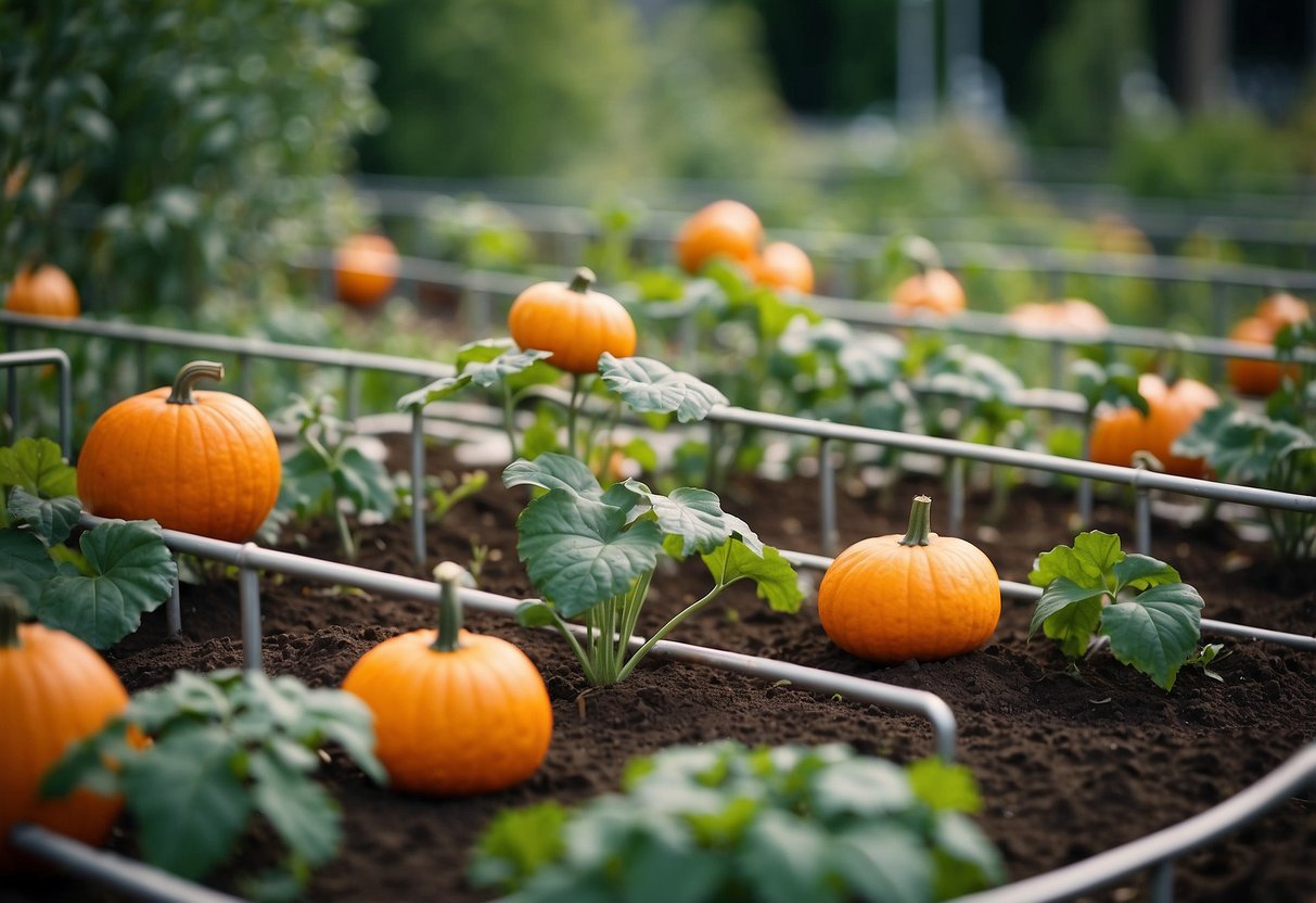 A metal grid garden trellis supports growing pumpkins in geometric patterns