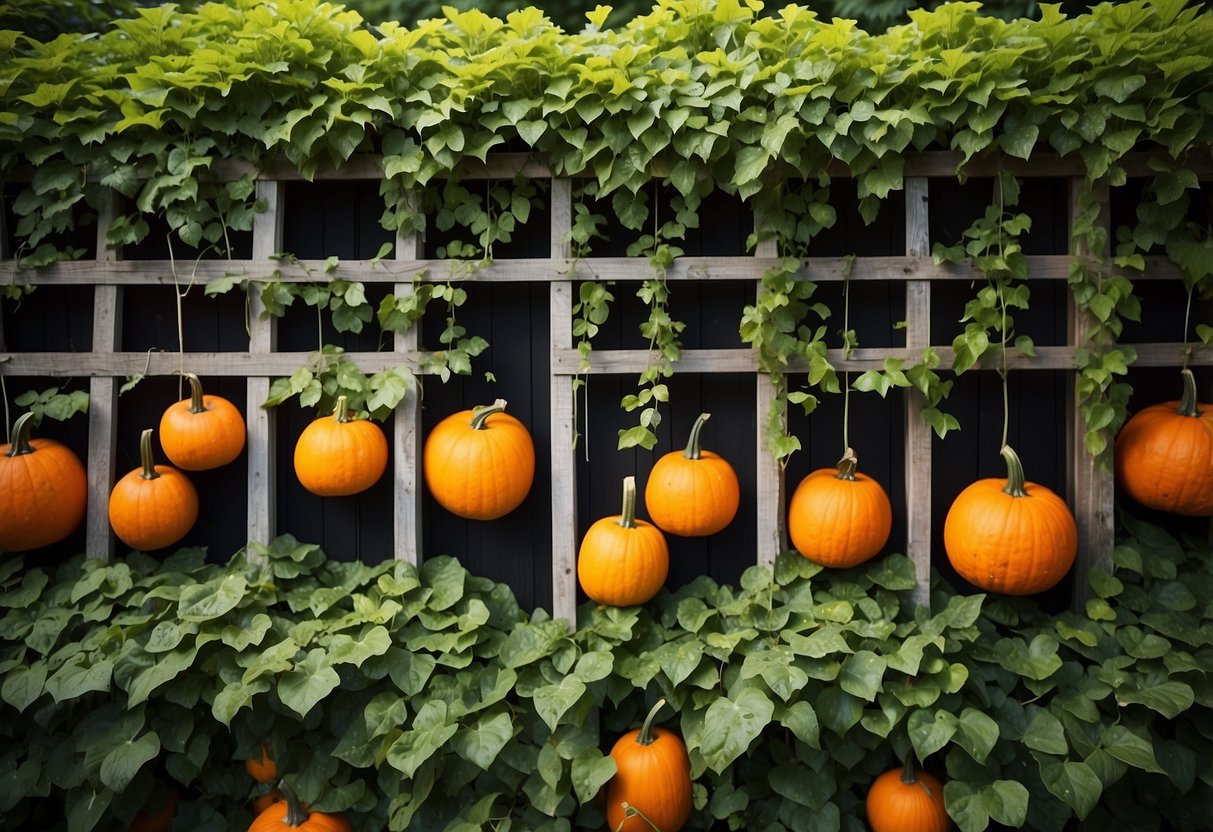 A lattice panel wall stands in a garden, covered in lush green vines and adorned with large, vibrant pumpkins growing on the trellis