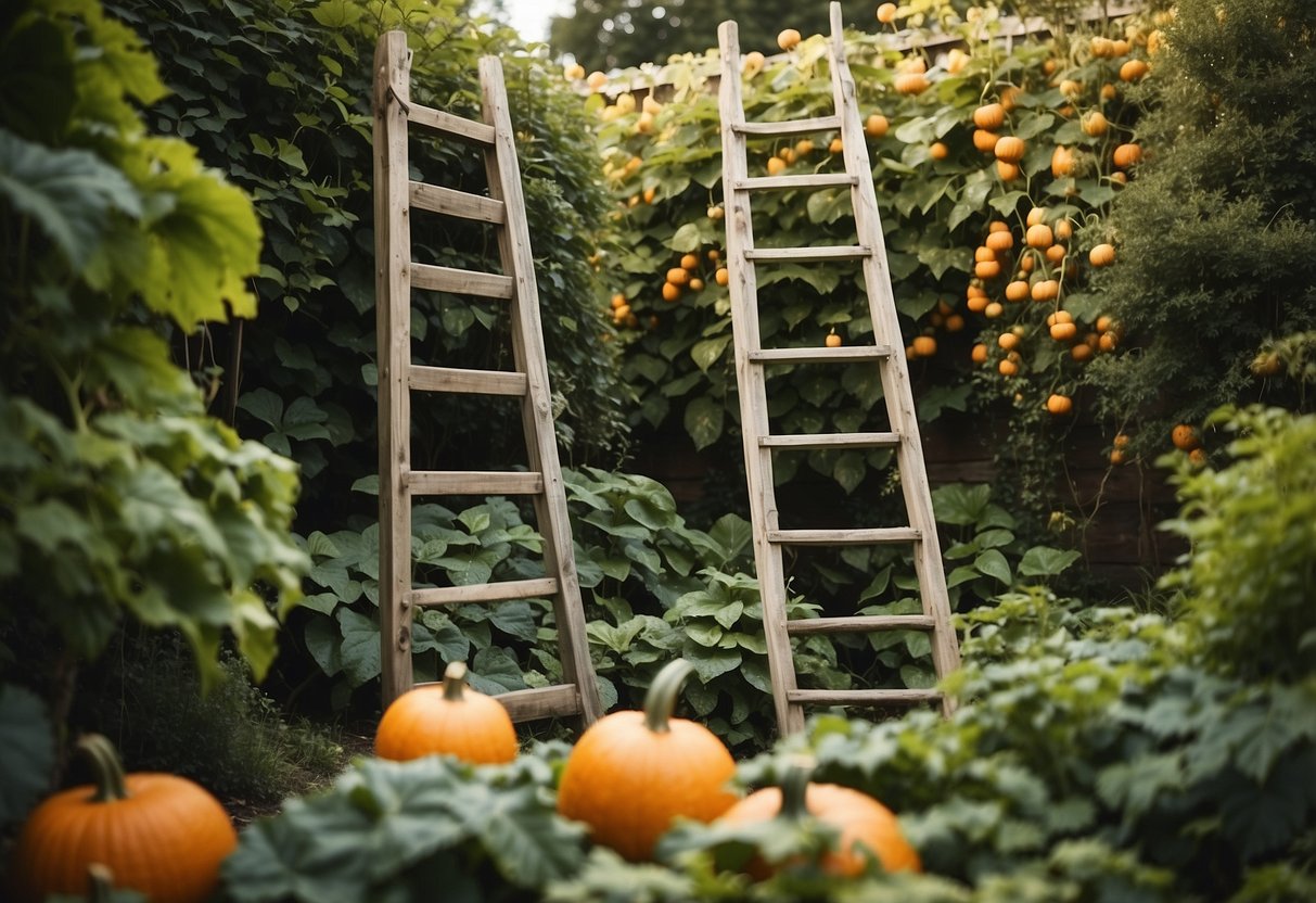 A weathered wooden ladder repurposed as a trellis for sprawling pumpkin vines in a lush garden setting